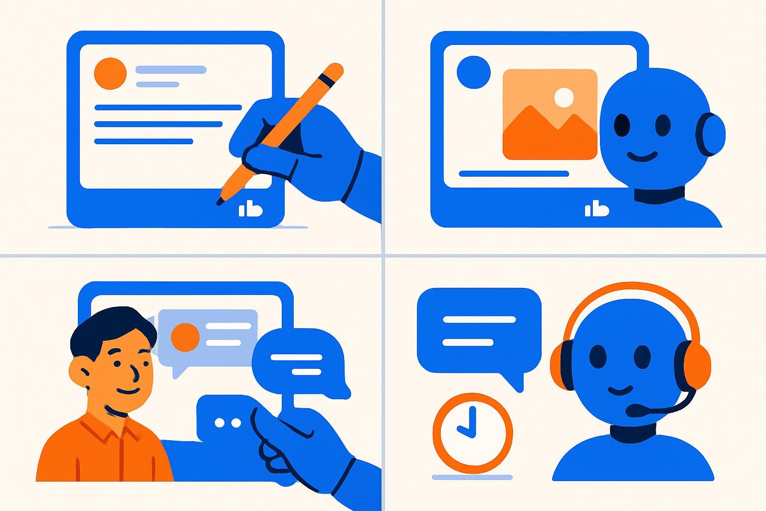 Minh hoạ 4 việc máy tự làm: viết bài, tạo ảnh, trả lời bình luận, trợ lý chatbot 24/7