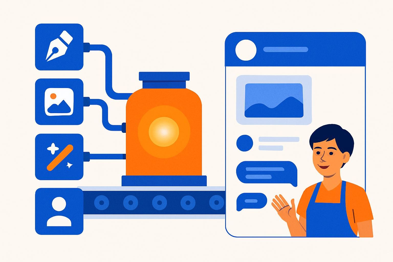Minh hoạ dây chuyền tự động: các công cụ AI nối vào một hệ thống rồi tự đăng bài và trả lời khách trên Fanpage