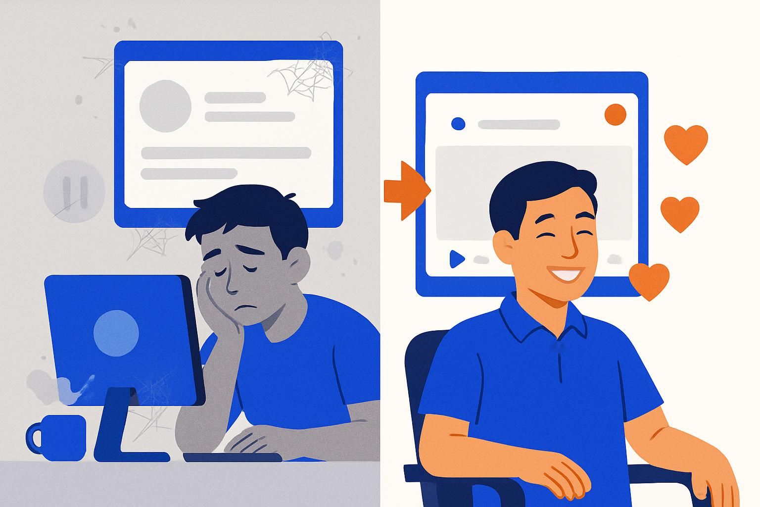 Minh hoạ trước và sau: Fanpage bỏ bê so với Fanpage tự vận hành đều đặn