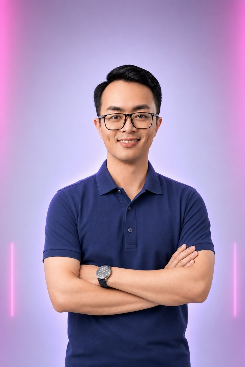 Lê Thanh Sơn, chuyên gia và diễn giả đào tạo ứng dụng AI cho doanh nghiệp, áo polo xanh than, tay khoanh trước ngực, nền ánh tím công nghệ