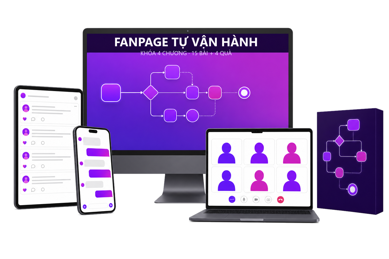 Minh hoạ trọn bộ sản phẩm: khóa học Fanpage Tự Vận Hành trên màn hình lớn cùng 4 quà tặng trên laptop, máy tính bảng, điện thoại và hộp bộ dây chuyền